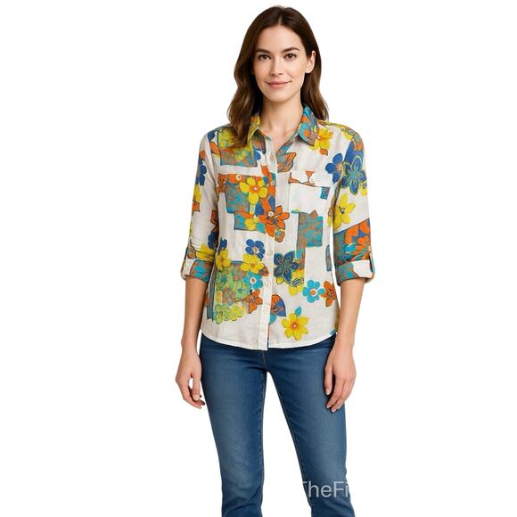 Multiples Patchwork Floral Button Front Top Medium Sheer Panels Roll Tab Sleeve - Picture 1 of 11